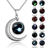 luminous 12 constellation necklace zodiac sign doom glass moon pendant necklace for men women customized birthday jewelry gift