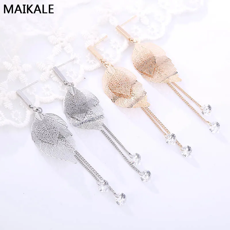 

MAIKALE Classic Stud Earrings Gold Copper Leaf Shape Tassel earrings Long AAA CZ Zirconia Korean Earrings For Women Gifts