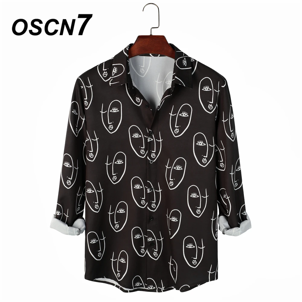 

OSCN7 Casual Printed Long Sleeve Shirt Men High High Streetwear 2021 Fall Women Shirt Retro Shirts Harujuku Mens Shirt 204