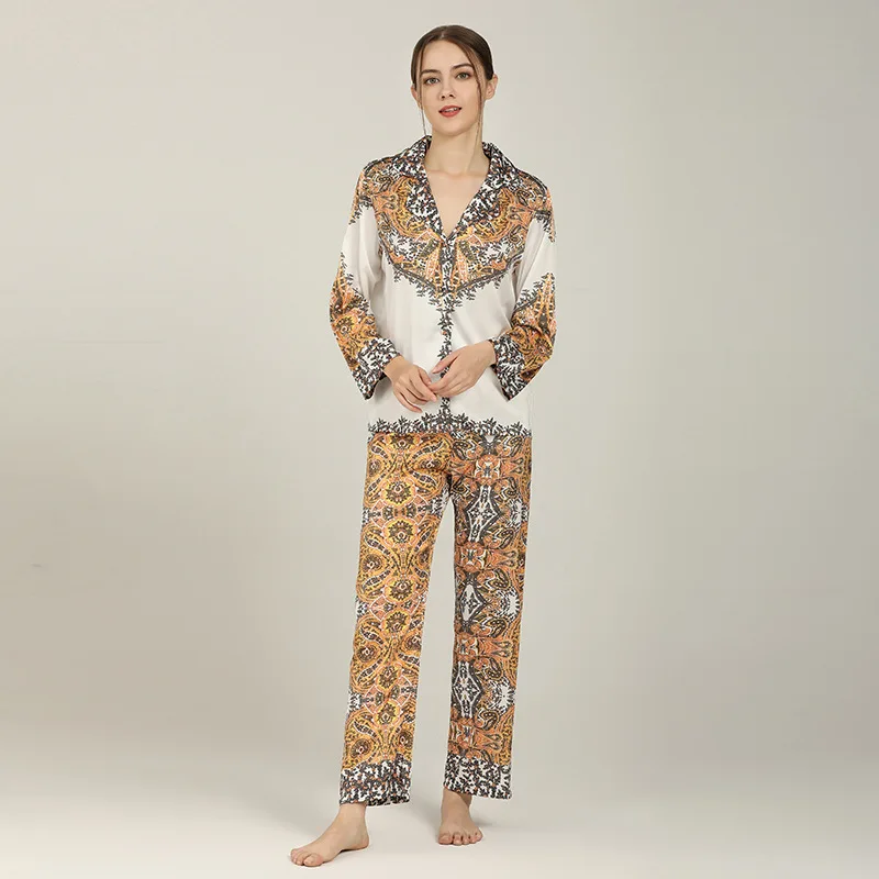 

2021 New Long-sleeved Trousers Ice Silk Print Pajamas for Women Luxury Sexy Home Wear Smooth Satin Lapel Two-piece Set Spring
