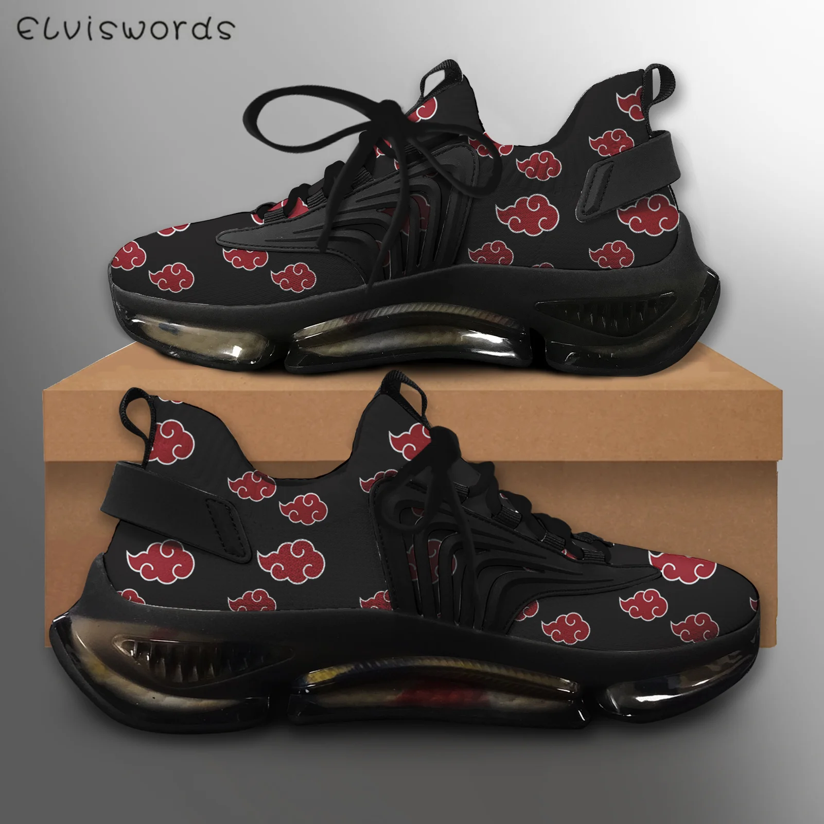 

ELVISWORDS Cool Japanese Anime Red Clouds Pattern Flats Shoes for Men Spring Autumn Warm Soft Sneakers Breathable Sport Zapatos
