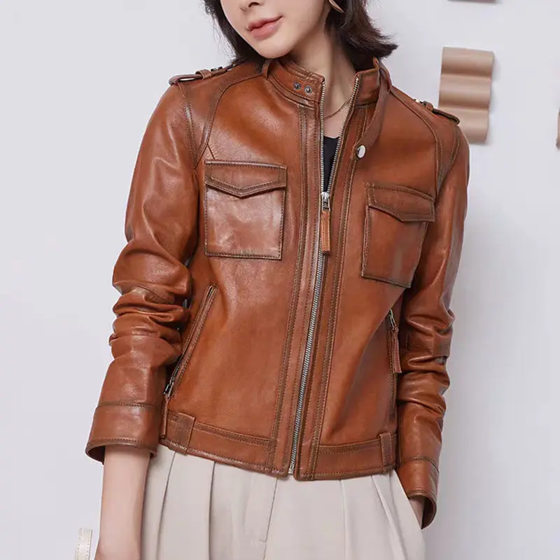 Leather Jacket Women's Spring Autumn Sheepskin Short Motorcycle Jacket Lady Leisure Vegetable Tanned Leather Jacket