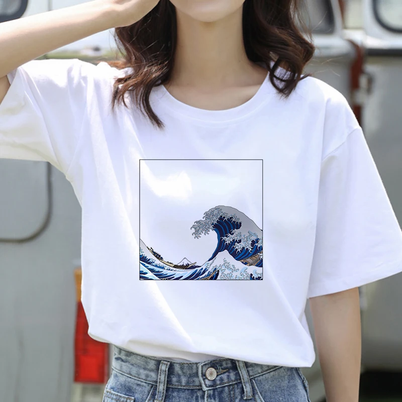 

2020 Summer Women T-shirt Ocean wave theme Printed Tshirts Casual Tops Tee Harajuku 90s Vintage White tshirt Female Clothirt