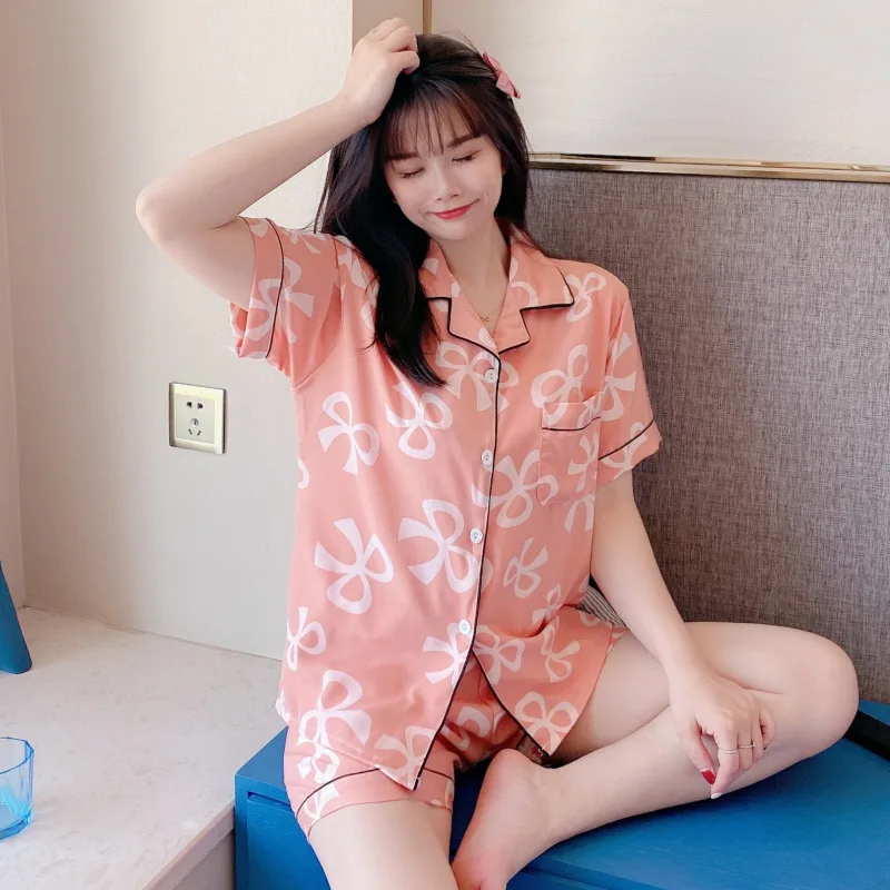 2021Summer New Women's Pajamas Ice Silk Short-sleeved Cute Thin Student Casual Home Wear Pijamas Women Sleepwear Sleep Tops