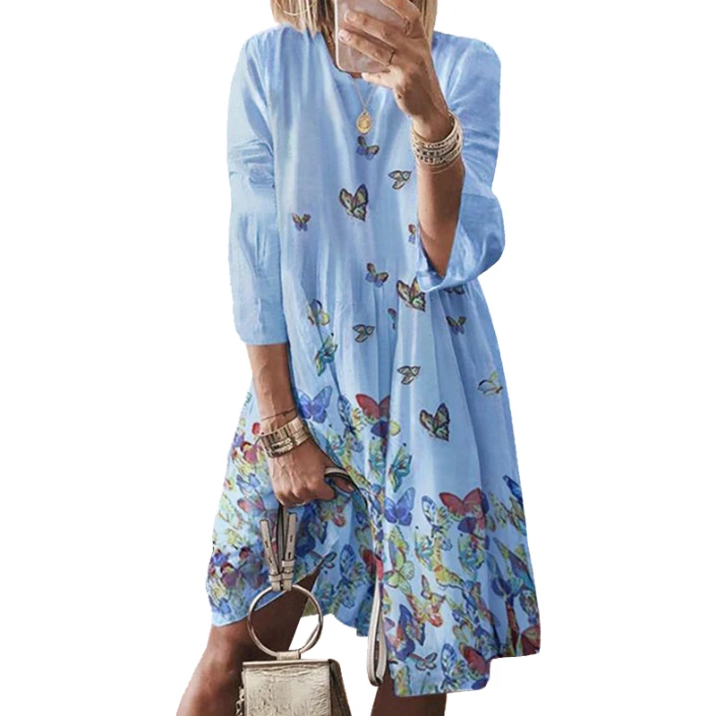 

Vintage Dress Women 2020 Summer O-neck 3/4 Sleeve Floral Printed Midi Dresses Woman Casual Beach Boho Dress S-5XL