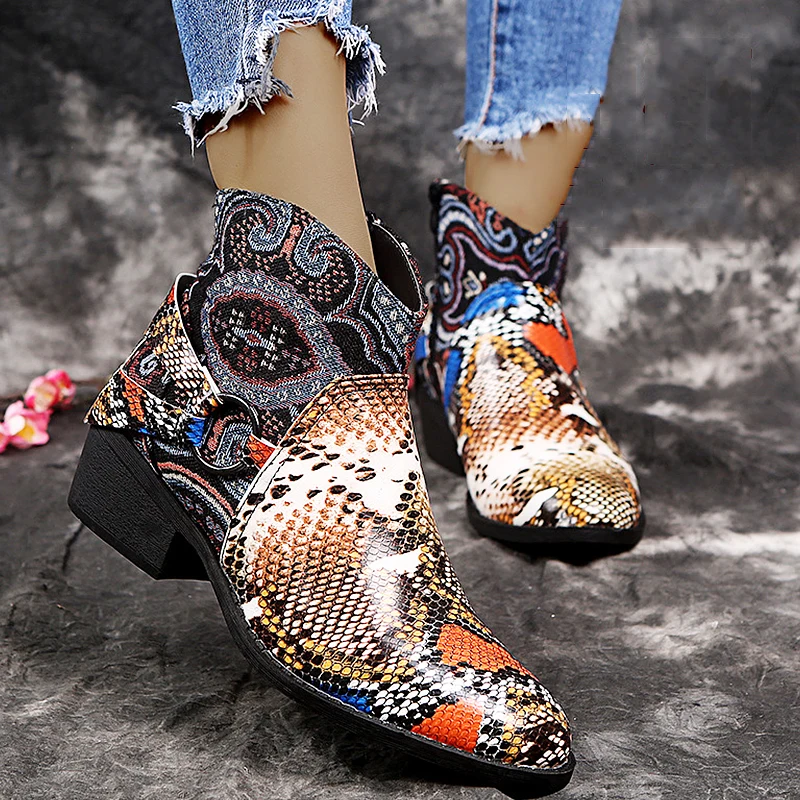 Winter Boots For Women ankle boots popular Retro Green snake pattern mixed colors flat wedge shoes Casual Rubber boots socofy