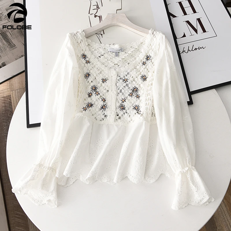 

FOLOBE 2021 Корейская новая Лоскутная блуза рубашка для женщин с треугольным вырезом на крючке, с вырезами, рукавами-фонариками и оборками, милые...