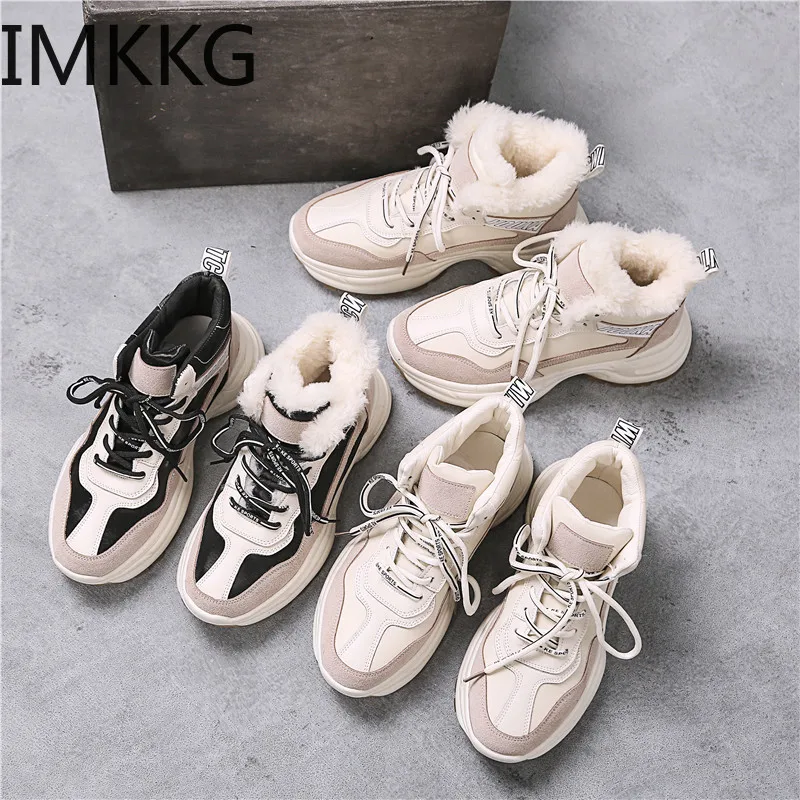 Зимние женские ботинки теплые меховые водонепроницаемые кроссовки на плоской