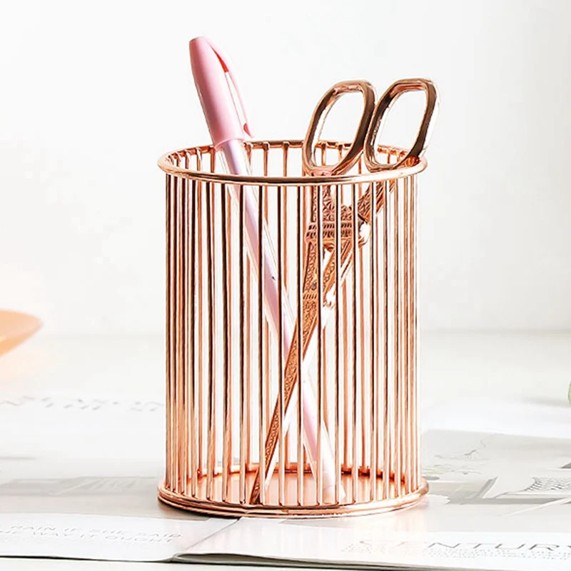 Металлическая железная корзина для хранения вещей цвета розового золота кистей