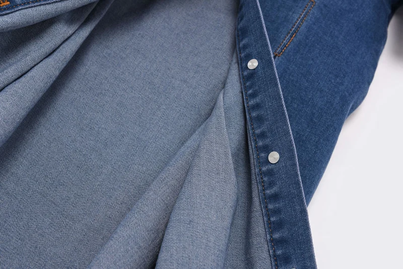 

[EAM] Women Blue Denim Hollow Out Pleated Dress New Lapel Short Sleeve Loose Fit Fashion Tide Spring Summer 2021 1DD9593
