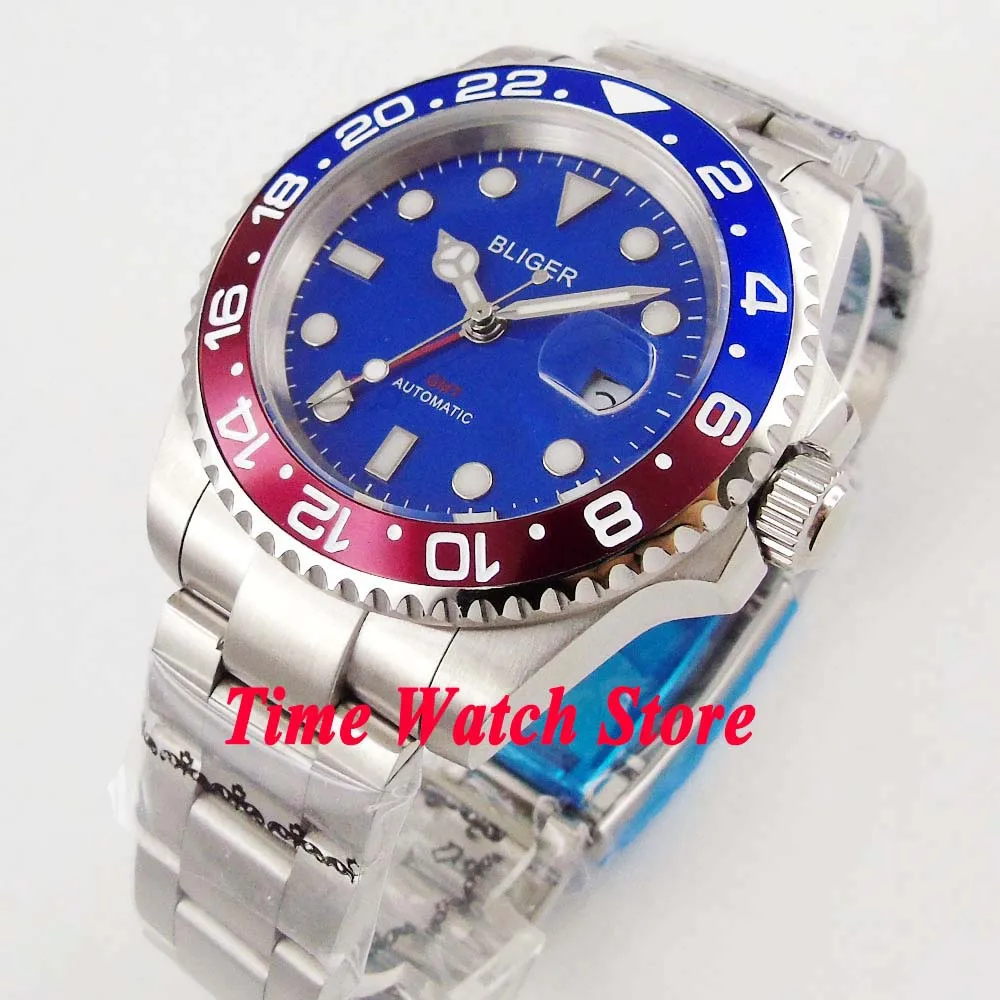 

40mm Bliger GMT Automatic Men's watch blue dial luminous sapphire glass turning bezel date window SS bracelet175