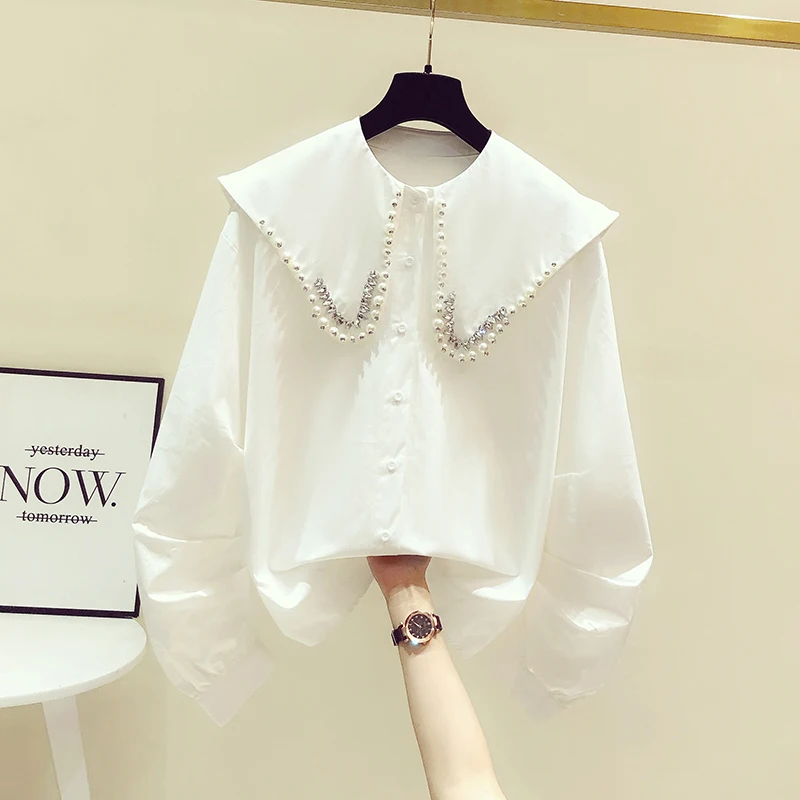 

VANOVICH со стразами воротник Питер Пэн рукав фонарик Полная свободная рубашка для женщин 2022 Осень Новая мода однотонные Женские повседневные ...