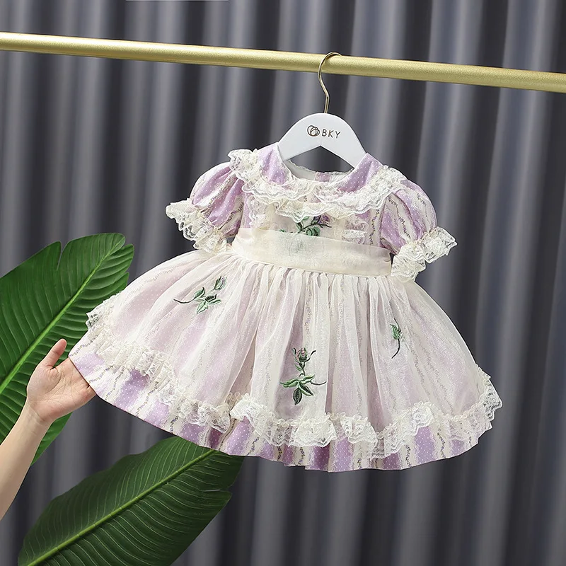 

Dress Baby Girl Summer Boutique Embroidery Floral Purple Short Sleeve Lace Dresses For Kid Girls Baptism Prom Wedding Clothes