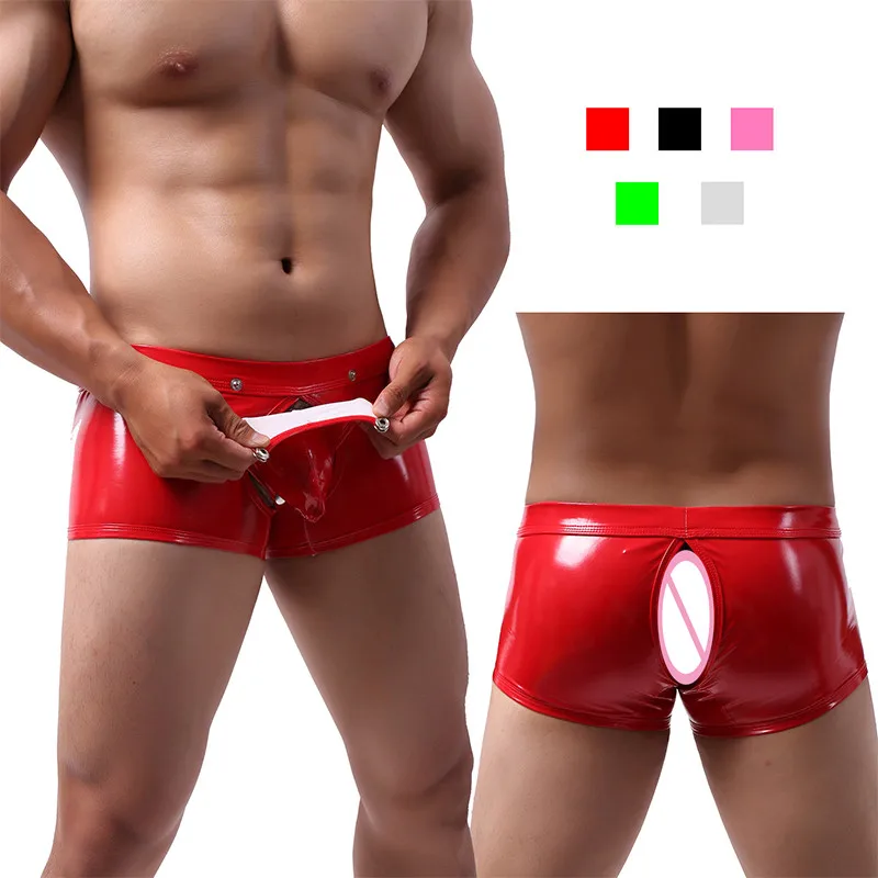 

Sexy Gay Erotic Underwear Open Butt Mens Shiny Faux Leather Boxer shorts Wet Look Underpants Open Crotch Pouch Male Panties