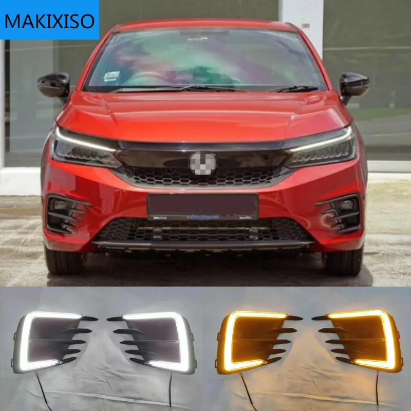

Светодиодные дневные ходовые огни светильник для Honda City 2020 RS Turbo желтый указатель поворота реле Водонепроницаемый 12 В DRL Противотуманные фары украшения