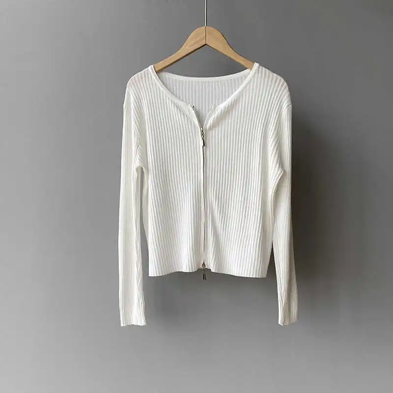 

COZOK Double Zipper Solid Color Knitted Cardigan Women's 2021 Spring and Summer Ins Bottomed Sweater Yl839