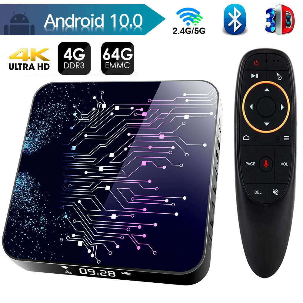 

ТВ-приставка Android 10, 4 + 32/64 ГБ, 4K, H.265, 2,4/5 ГГц, Wi-Fi, Bluetooth