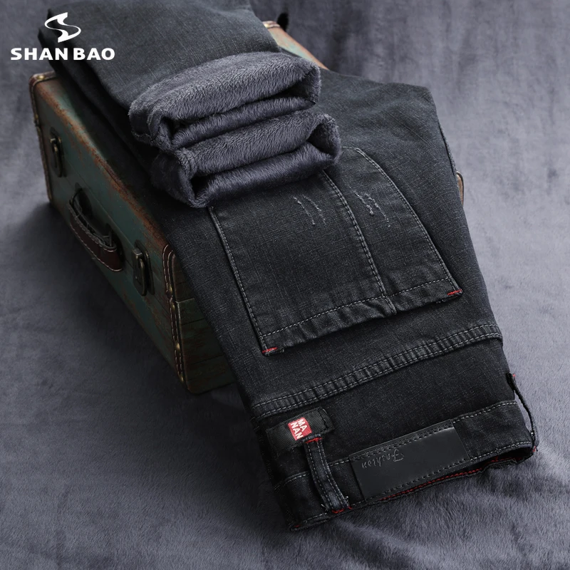 

Зимние брендовые флисовые толстые и теплые черные облегающие джинсы SHAN BAO 2021, классический стиль, модные мужские облегающие джинсы