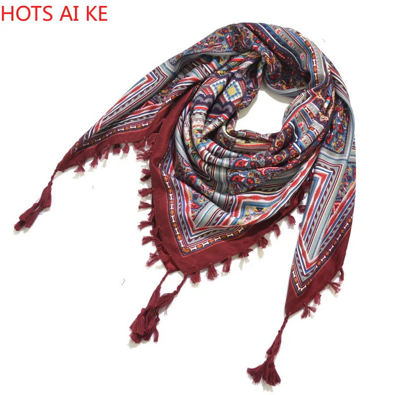 

2021 New Fashion Bohemian Cotton Ladies Big Square Scarf Print Shawl Russian Ethnic Style Women Wraps Winter Tassel Scarves