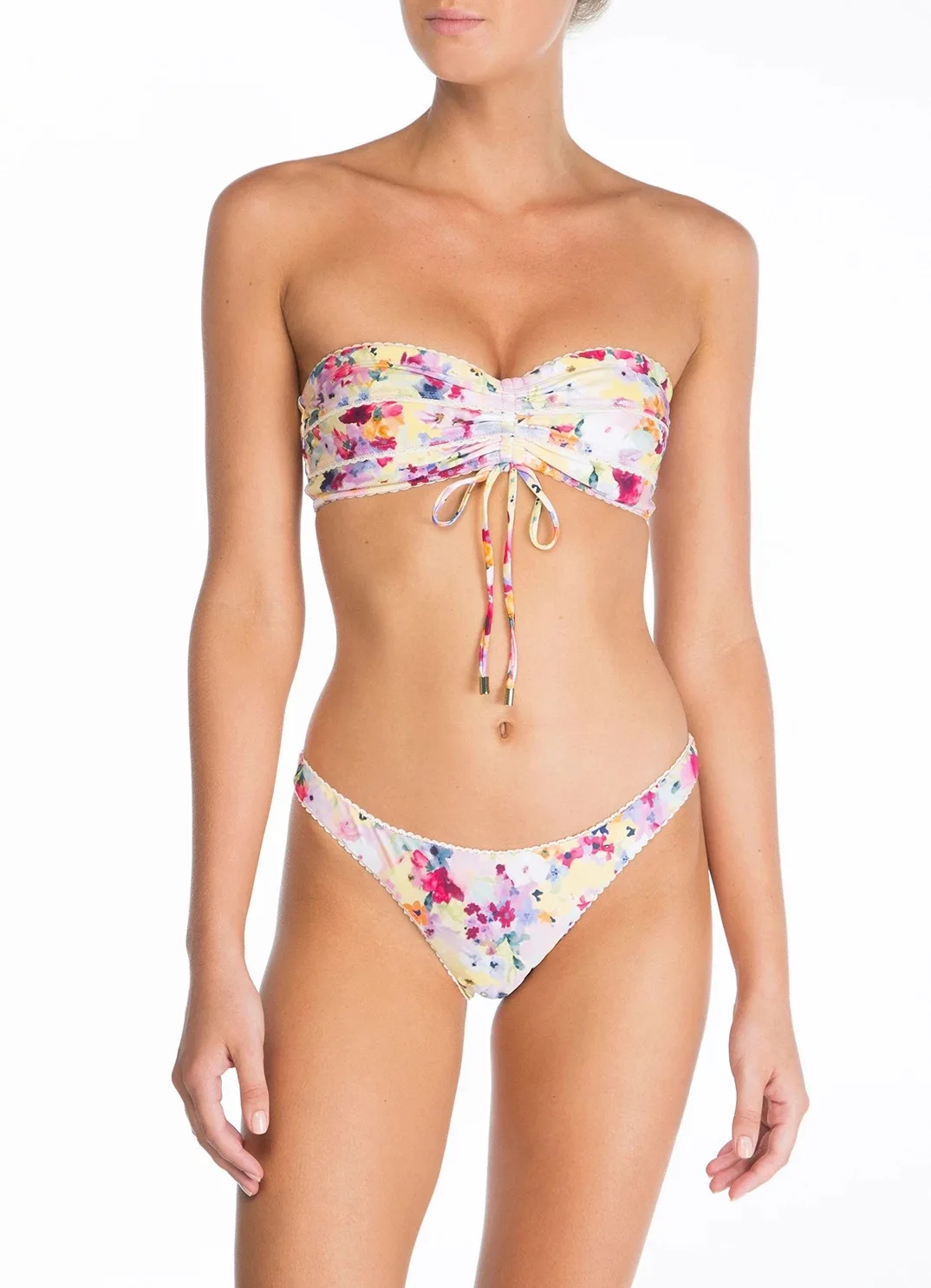 

Sexy Bandeau Push Up Bikini Set Ruched Brazilian Swimwear Tied String Bathing Suit Drawstring Biquini Floral Swimsuit Beach Wear