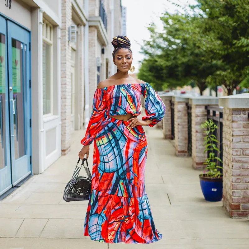

African Clothes for Women 2021 Summer African Women Long Sleeve Printing Plus Size Two Pieces Sets Top and Long Skirts S-5XL