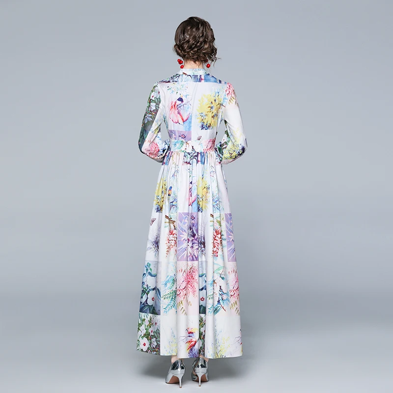 

New Elegant Vintage Women Spring Print Slim Tunic Maxi Dress Evening Party Clothing Lady Long Sleeve Dresses