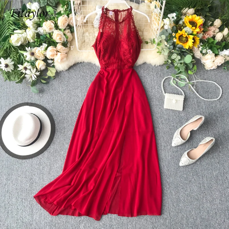Женское кружевное Макси платье Fitaylor элегантный летний сарафан с лямкой на шее