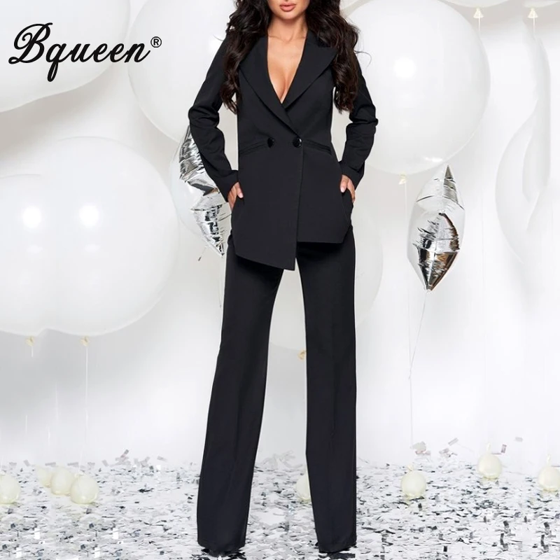 Женский деловой костюм Bqueen черный/белый из двух предметов с v образным вырезом