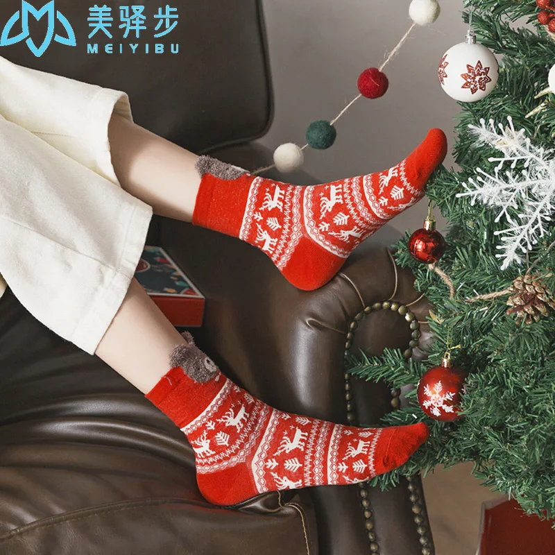 12 Pairs Per Set Autumn and Winter Warm Women Socks Red Cotton Socks New Women Three-dimensional Cartoon Christmas Socks