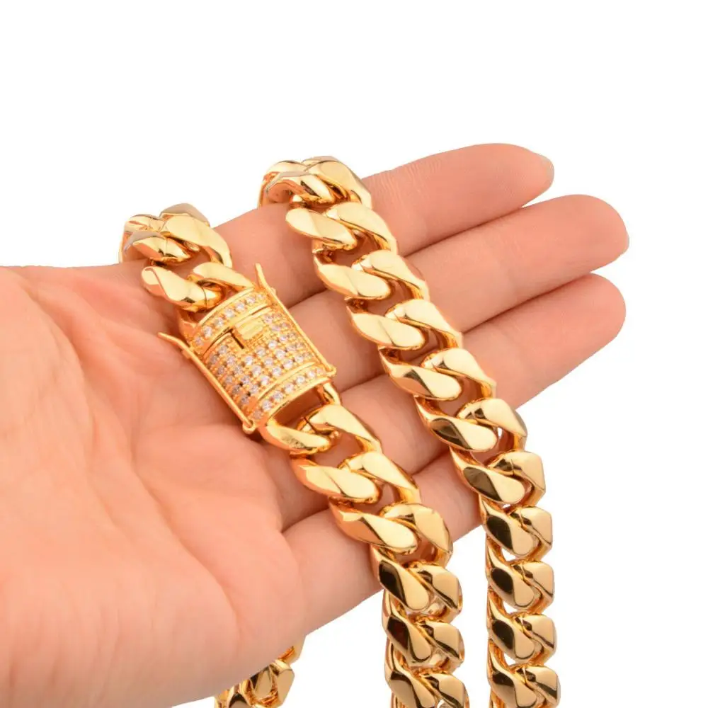 

Модное мужское панцирное ожерелье Майами из кубинской цепи 316L цепь из нержавеющей стали хип-хоп золотого цвета 15 мм цепь ожерелье или брасл...