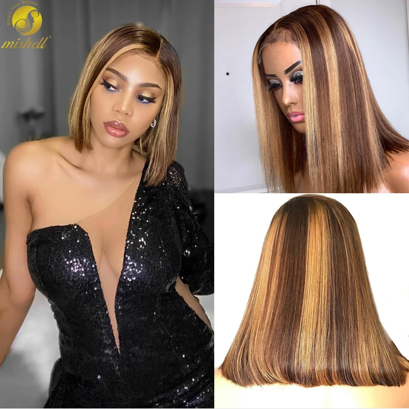 Mishell Piano Color Lace Front Wigs Bob Piano Color Highlight 4X4 Short Bob Wigs for Black Women Pre Plucked 150% Density