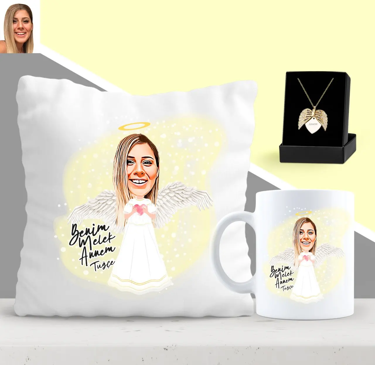 

Персонализированный мой ангел мама карикатура Подушка кружка и ангельское крыло ожерелье Seti-1