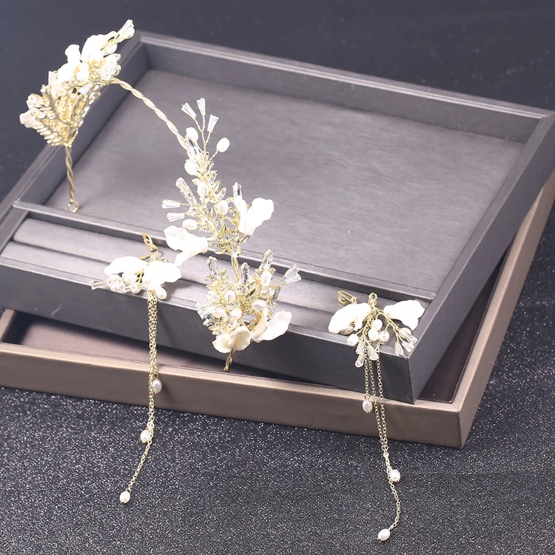 

Elegant Bridal Wedding Hair Accessories Shell Flower Girl Headband Earrings Set Hair Jewelry Accessories LL@17