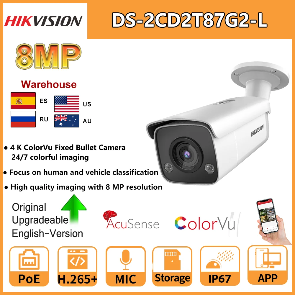 

Hikvision 4K 8 MP ColorVu Bullet Network AcuSense PoE IP Camera DS-2CD2T87G2-L H.265+ SD Slot Human and Vehicle Classification