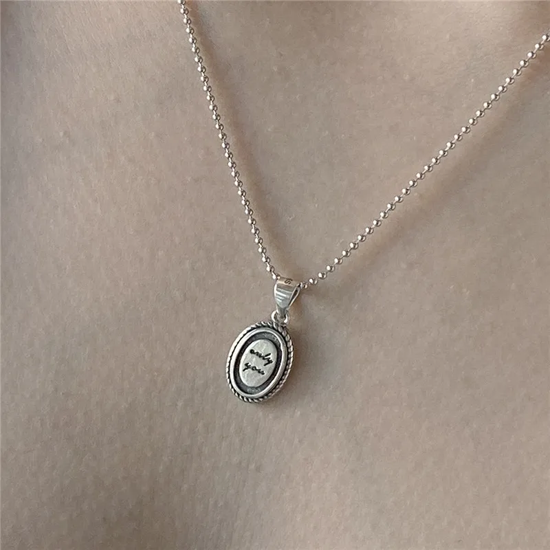 

POFUNUO Women Niche Minimalist English Letter Pendant Necklace 925 Sterling Silver Vintage Simple Necklace Beads Chain Chokers