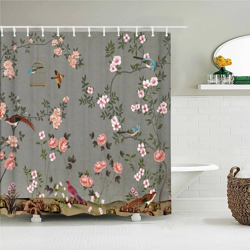 

Chinese style Flower Birds Plant Shower Curtains Bathroom Curtain Frabic Waterproof Polyester Printing Bath Curtain with Hooks