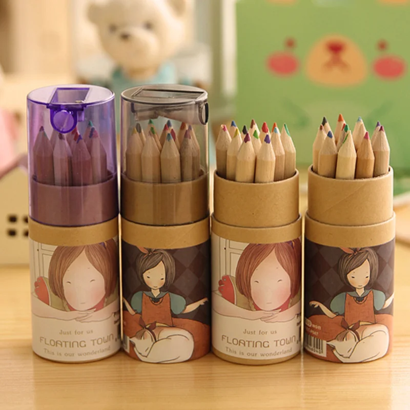 12 Pcs/box Cute Cartoon Mini Color Pencil with Sharpener Wooden Painting Set Children Art Pencils |