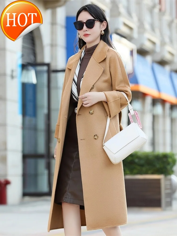 

ripple Water double-sided cashmere coat Women's Mid-length 2020 fall/winter New waist lace-up woolen coat off-season