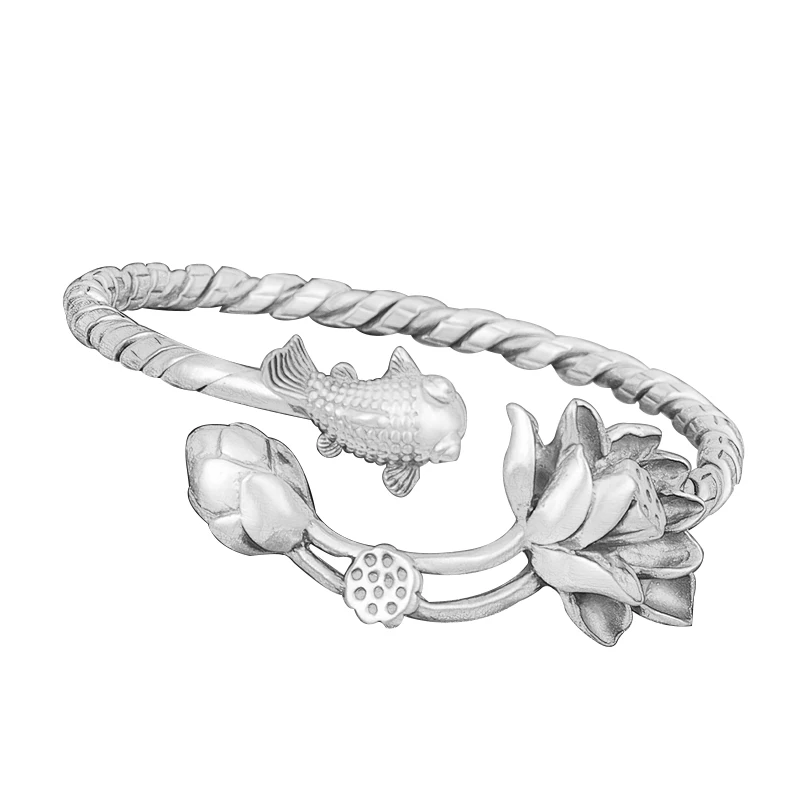 

Pure Silver 999 Retro Elegant National Style Argent Pur Versatile Personality Women's Lotus Flower Lotus Seedpod Bracelet Open F