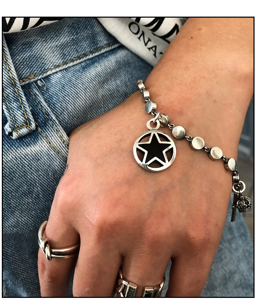 Чистое Серебро S925 Серебряный винтажный крест звезда кулон звено цепи 925 браслет