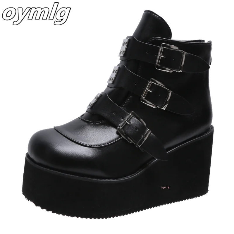 

2020 Brand New Metal Buckle Ankle Boots Women Fashion Punk Female High Platform Boots Wedges High Heels Shoes Woman