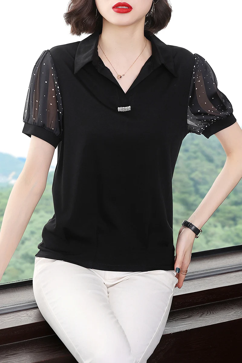 

COIGARSAM 4XL Plus Size Short Sleeve blouse women New Summer Loose Chiffon blusas womens tops and blouses Black 9505