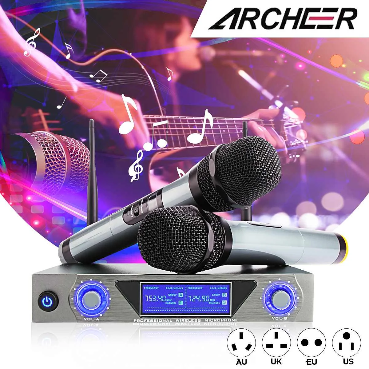 ARCHEER портативные микрофоны UHF частоты динамическая капсула 2 канала беспроводной микрофон для караоке системы с ЖК-дисплеем