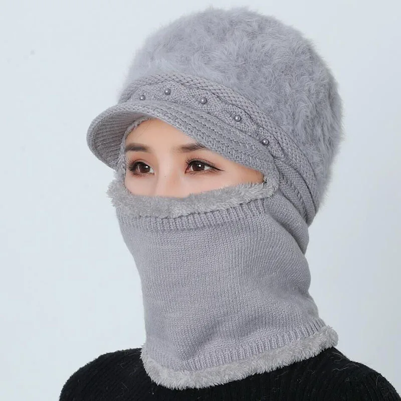 Высококачественные зимние шапки для женщин Skullies Beanie cap шляпки из шерсти набор теплая маска Gorras шапка из кроличьего меха Вязаная Шапка