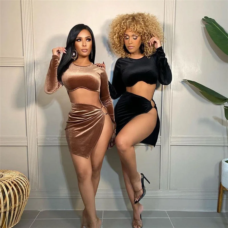 

Zoctuo Sexy Cut Out High Split Bodycon Mini Dresses for Women Party Club Wear Brown Black Velvet Long Sleeve Dress