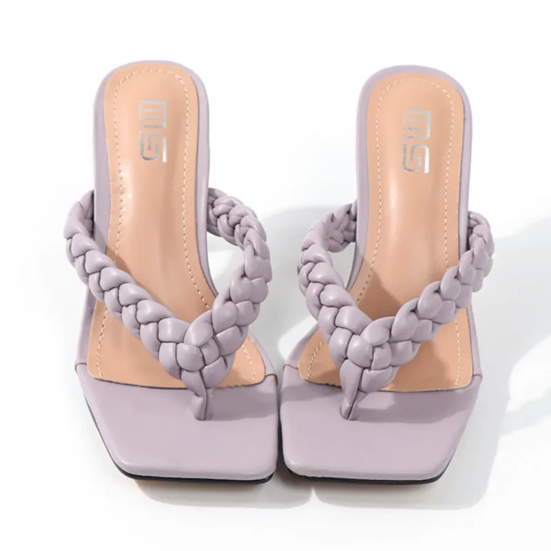 

Women Slippers New 2021 Summer Leisure Flip Flop Square Toe High Heels Slides Individual Weave Lovely Casual Office Female Shoes
