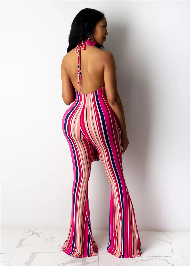 

HAOOHU Striped Print Jumpsuit Women Sexy Halt Backless Skinny Bodycon Ladies Rompers Flare Pants Party Club Outfits Playsuit