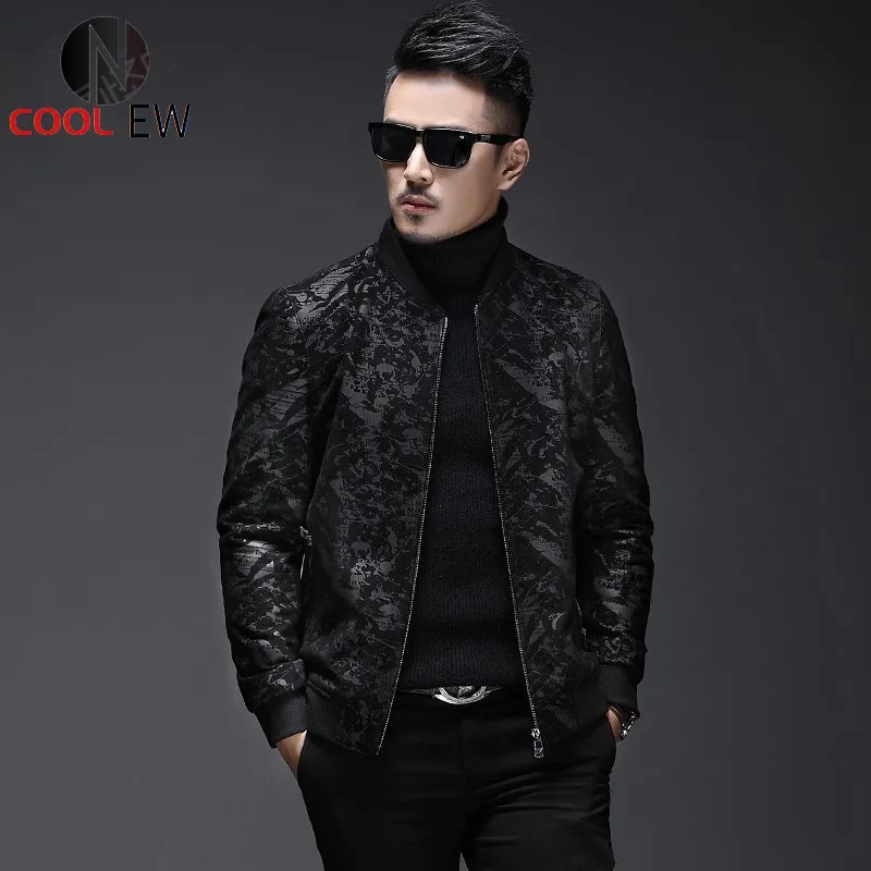 

Top Brand Mens Slim Fit Floral Printed Genuine Leather Bomber Jacket Business Man Casual Stand Collar Luxury Sheepskin Coat 4XL