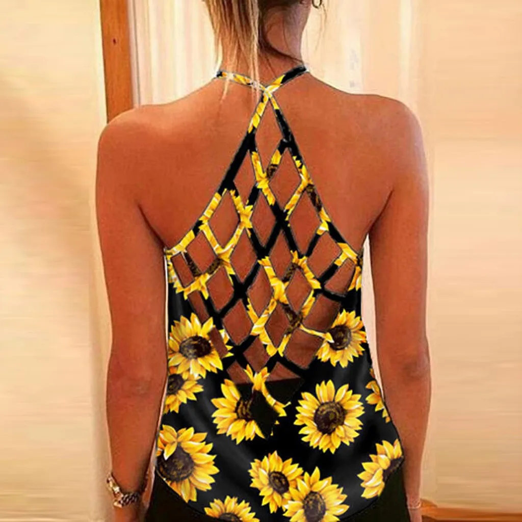

New Sunflower Print Tops Womens Sunflower Print O-Neck Sleeveless Sexy Blouse Vest Fashion Tank Top ropa mujer #2