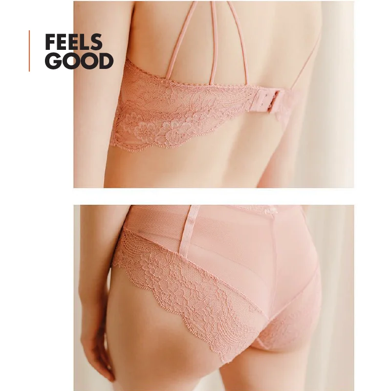 Longline Floral Lace Caged Bra Set Strappy Underwire Unlined Sheer Ultra-Thin Comfy High Waist SexyLingerie Rose Pink Grey Black